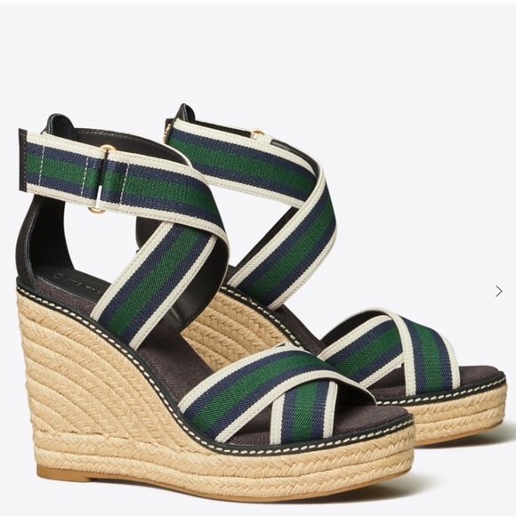 Tory Burch Shoes - TORY BURCH Frieda Striped Espadrille Wedge Sandals - Green Blue Stripe - Sz 7.5